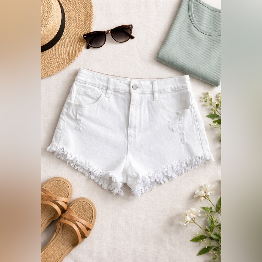 No Boundaries White Jean Shorts Fringe Trim